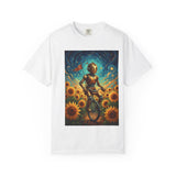Robot Biker in Sunflowers T-Shirt — Whimsical Vintage-Style Art Tee